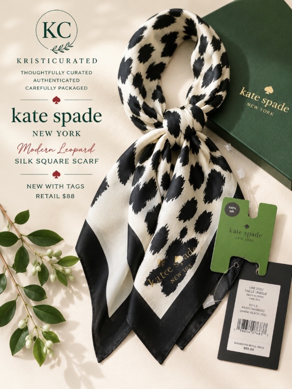 Kate Spade New York Modern Leopard 100% Silk Square Scarf NWT $88